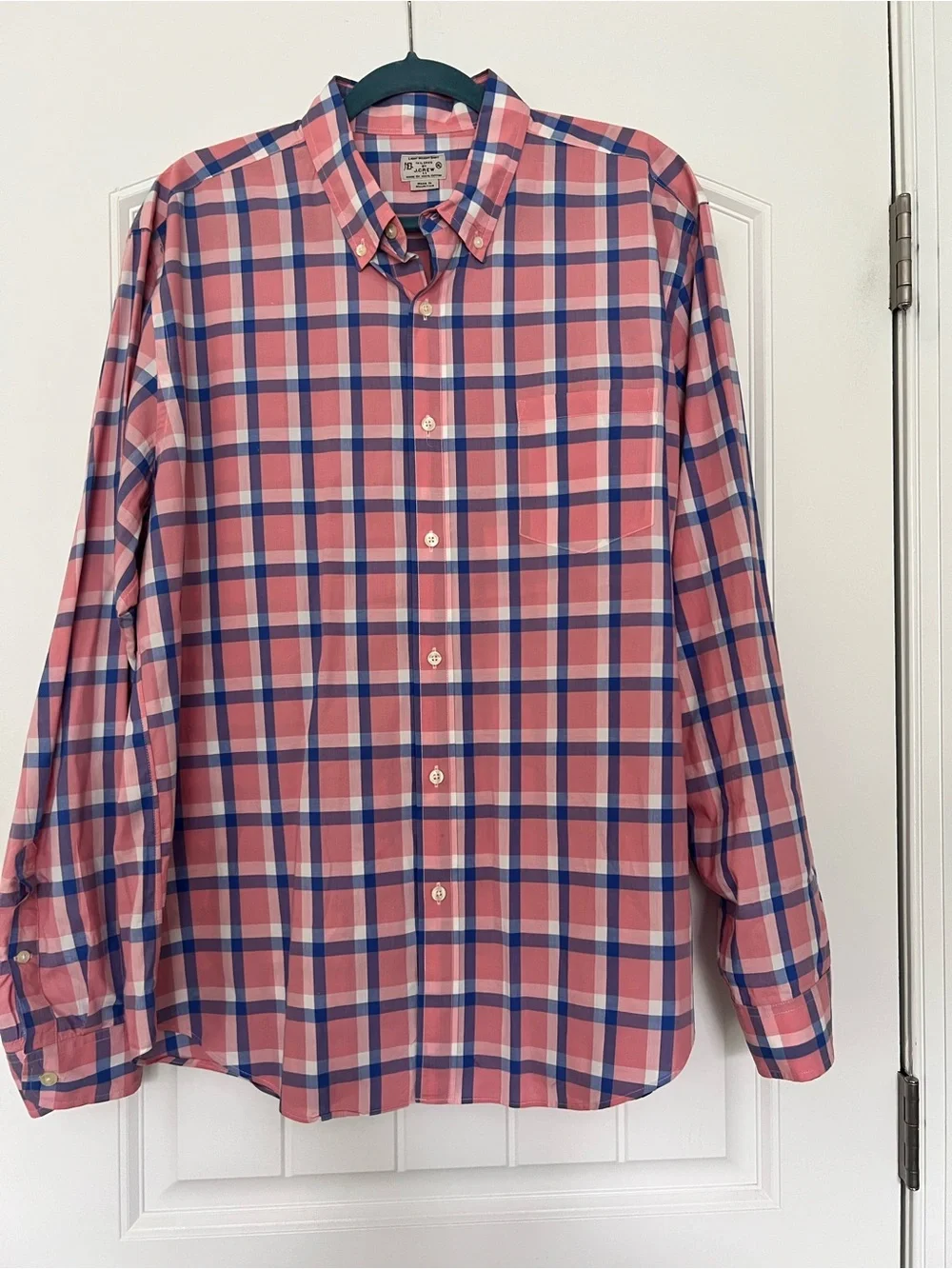 J Crew Men's Pink & Blue Plaid Cotton Poplin Button-Down Shirt Size XL